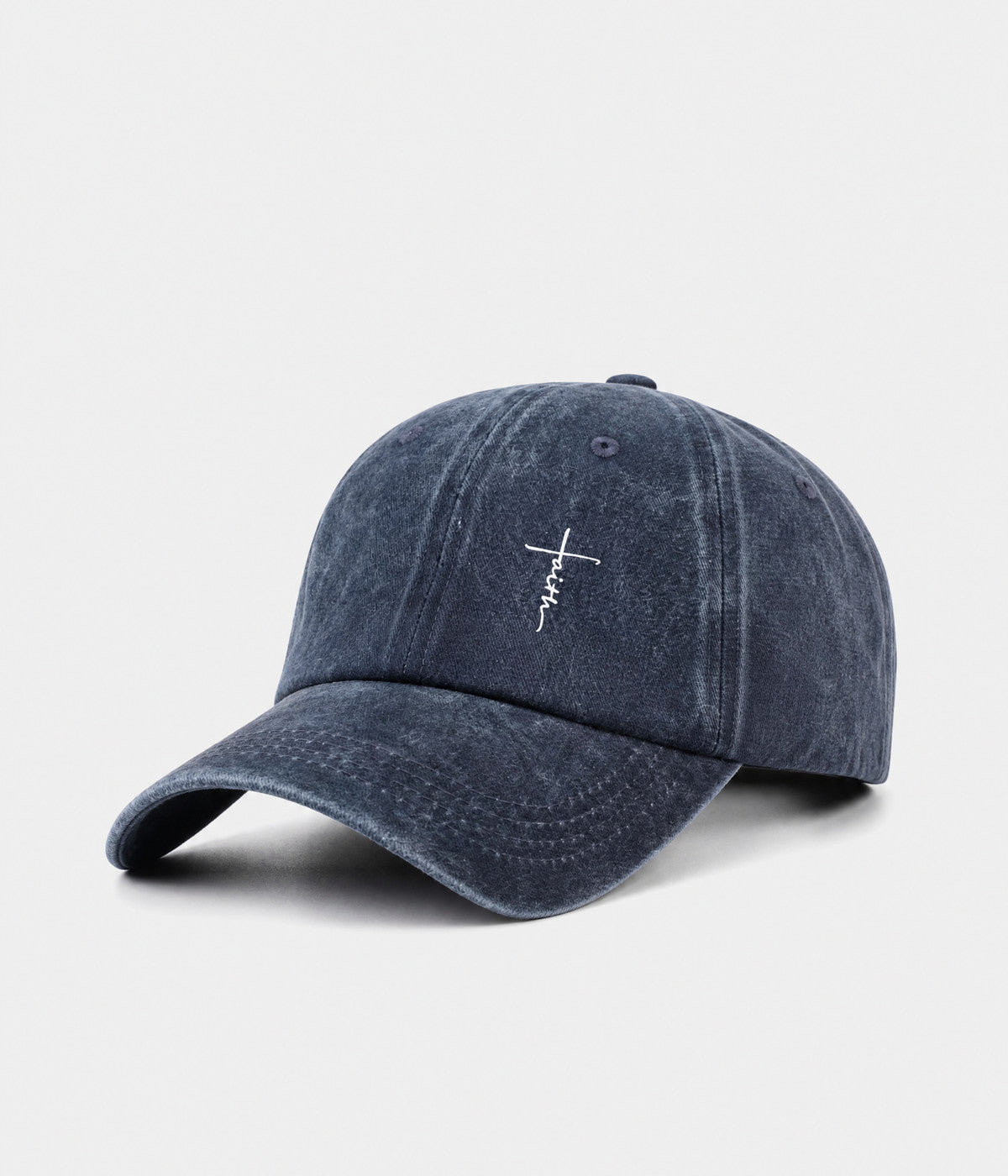 FAITH CROSS. washed cotton cap in NAVY, side view