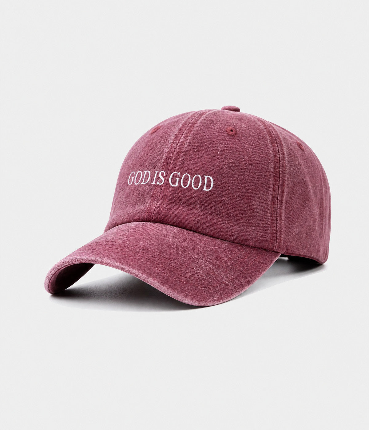 GOD IS GOOD. washed cotton cap in burgundy, side view