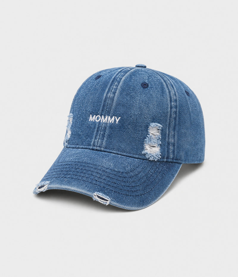 DENIM MOMMY. washed denim cap in blue, side view