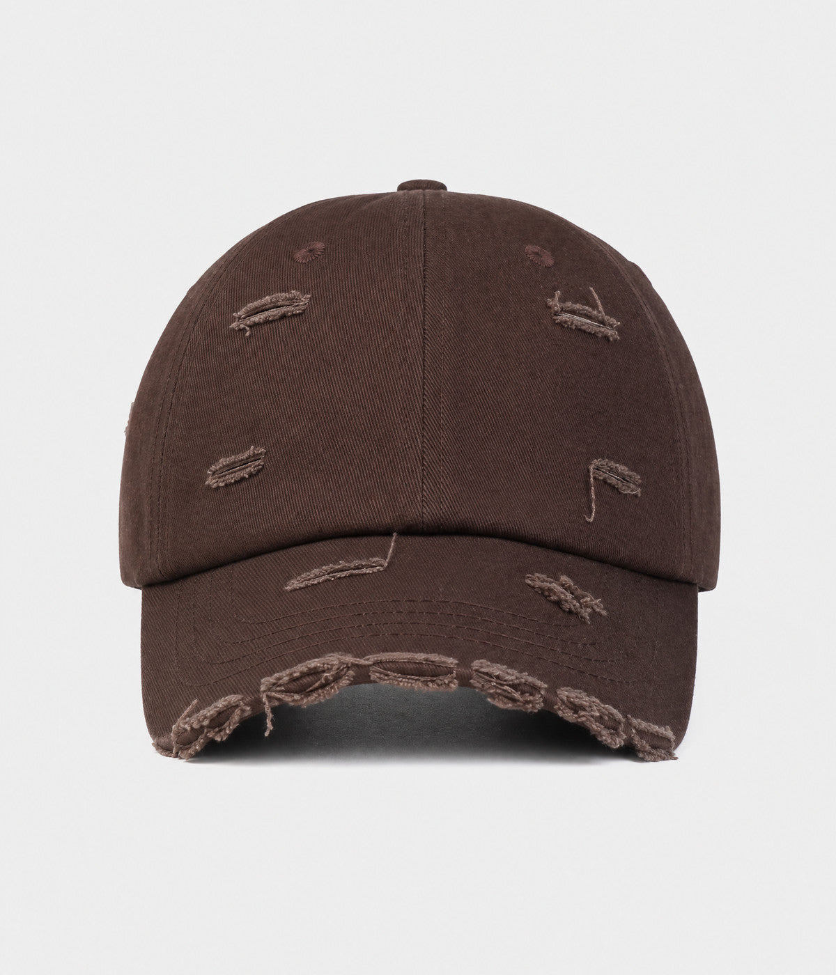 RIPPED COTTON. distressed cotton cap in brown, front view
