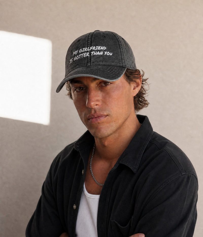MY GIRLFRIEND IS HOTTER CAP — Black worn