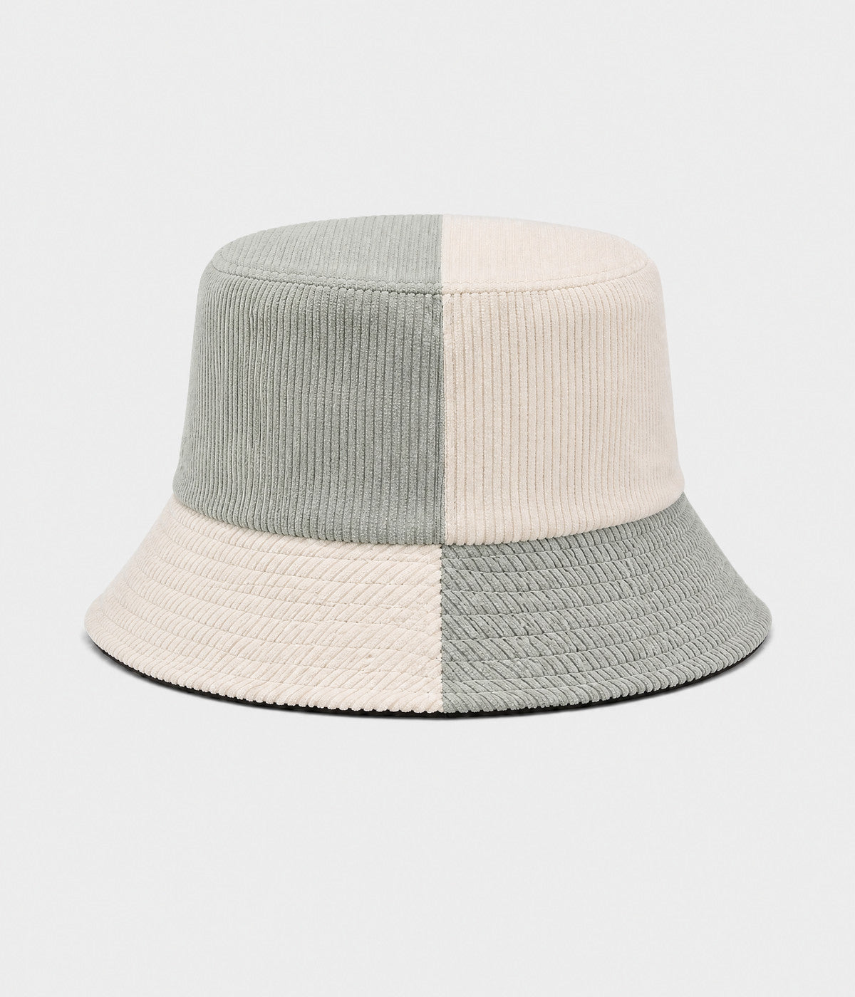 PATCHWORK BUCKET. corduroy bucket hat in SAGE BEIGE, front view