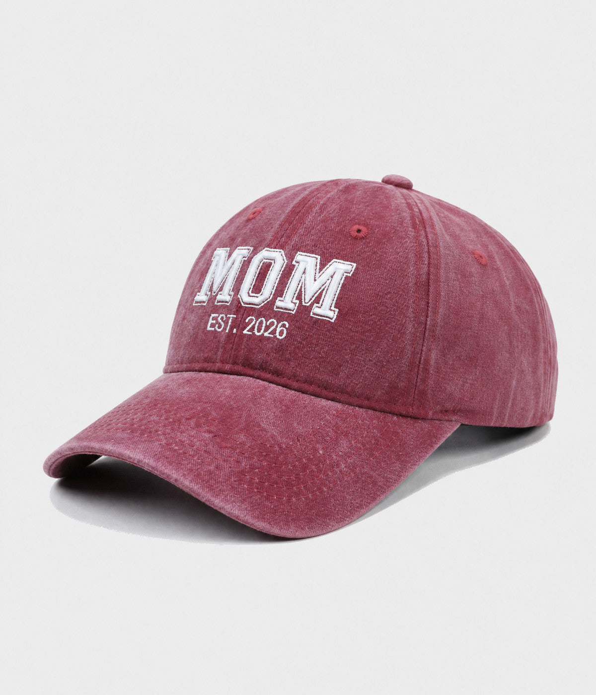 WASHED MOM EST 2026. washed cotton dad cap in RED, side view