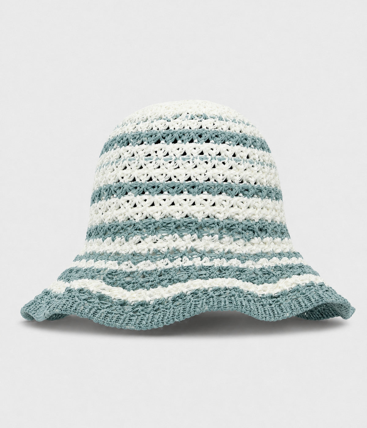 SCALLOPED CROCHET BUCKET. crochet bucket hat with wavy scalloped brim in blue, front view