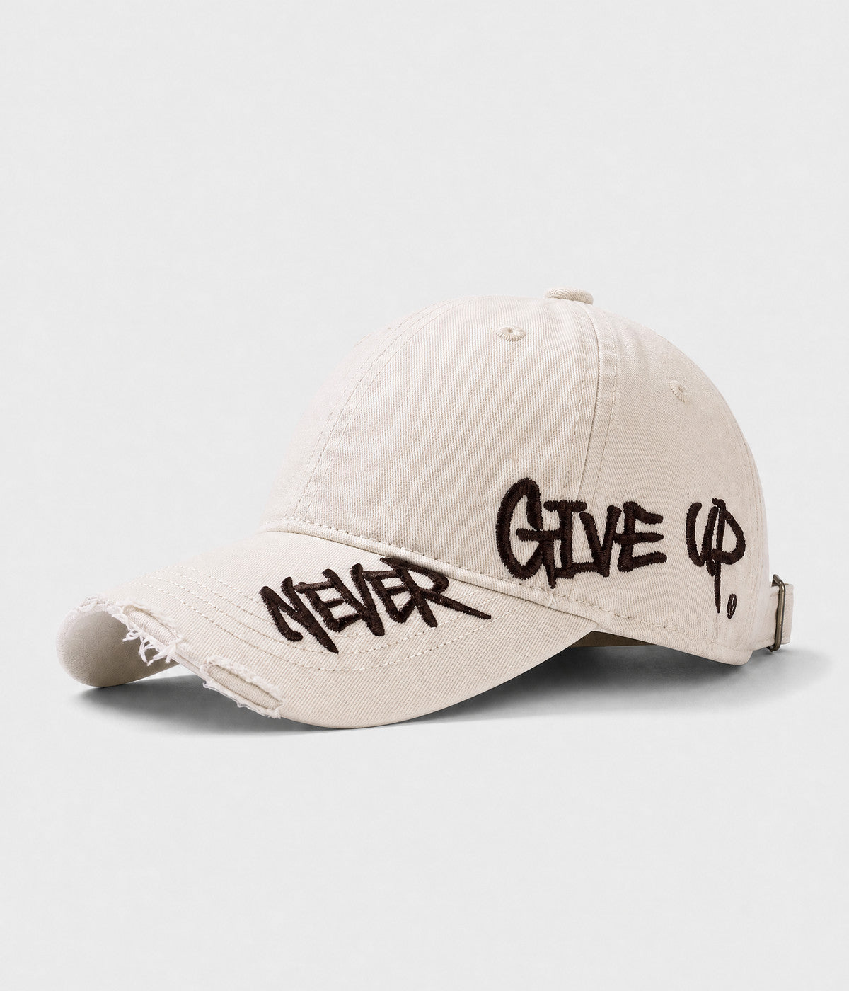 NEVER GIVE UP. washed distressed cotton dad cap in BEIGE, side view