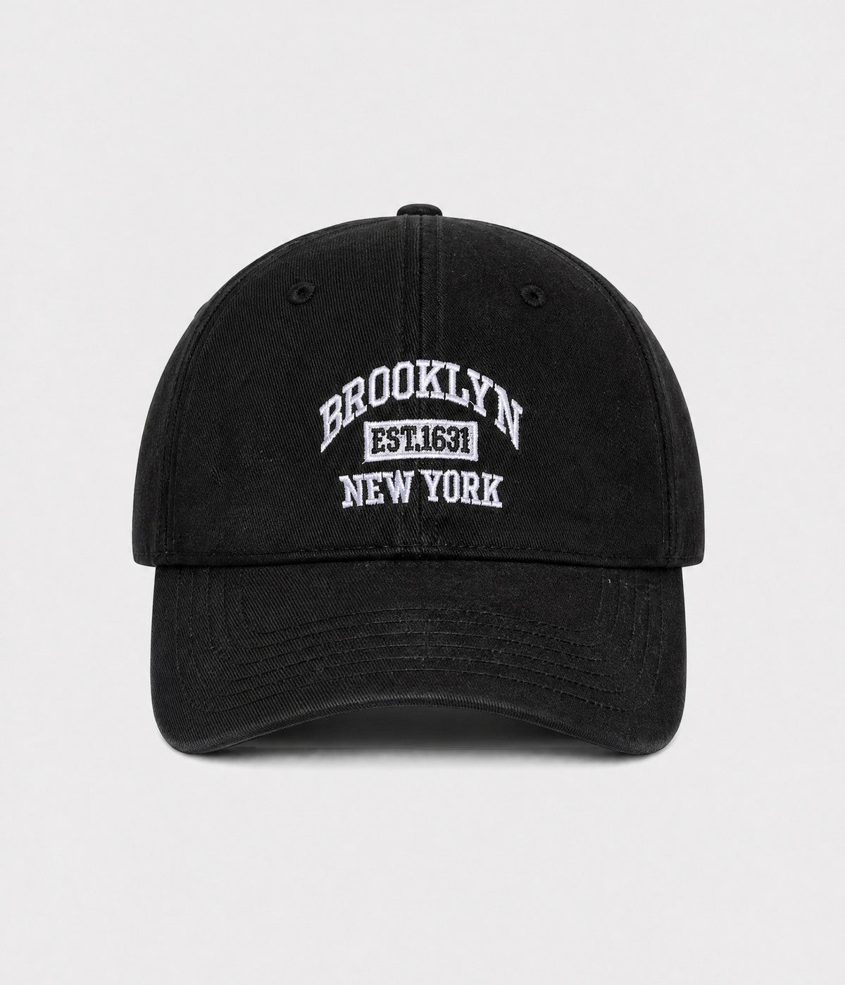 BROOKLYN NY. washed cotton dad cap in black, front view