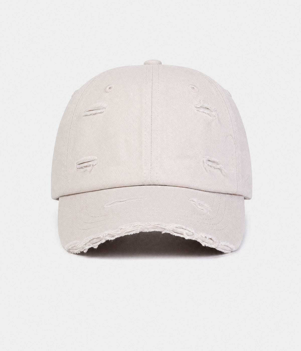 RIPPED COTTON. distressed cotton cap in beige, front view