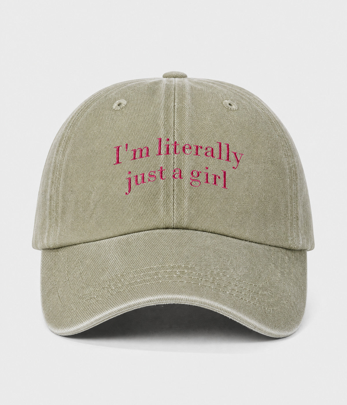 I'M LITERALLY JUST A GIRL. washed cotton cap in KHAKI, front view