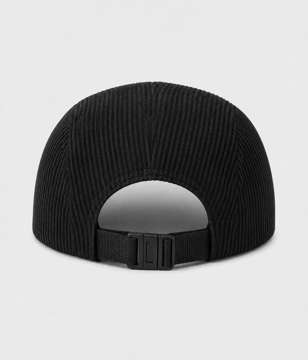 CORDUROY CAMP. wide-wale corduroy five-panel camp cap in black, back view