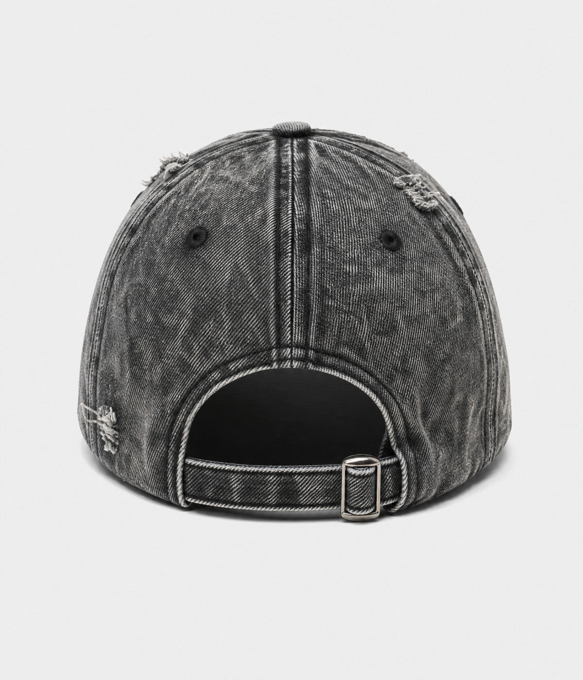 SHREDDED DENIM. acid-wash cotton denim cap in black, back view