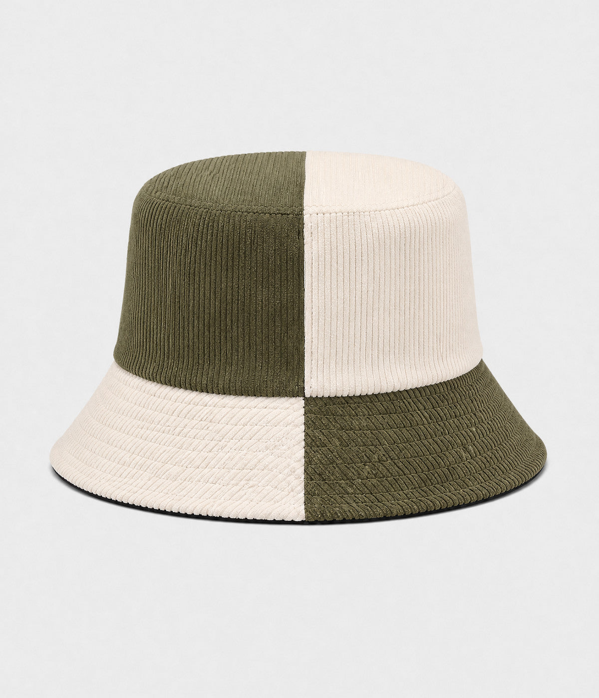 PATCHWORK BUCKET. corduroy bucket hat in OLIVE BEIGE, front view