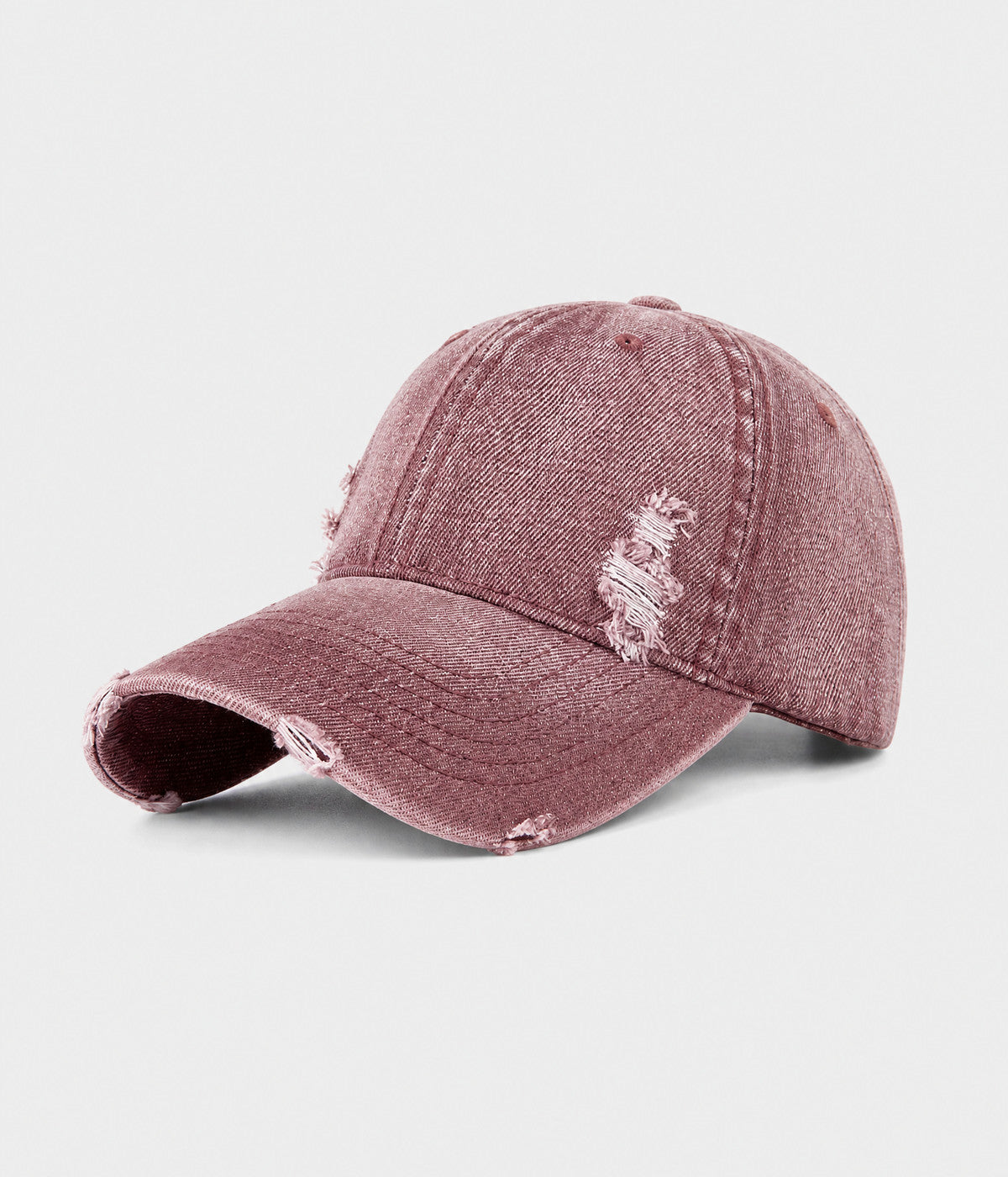 RIPPED DENIM. washed cotton denim cap in wine red, side view