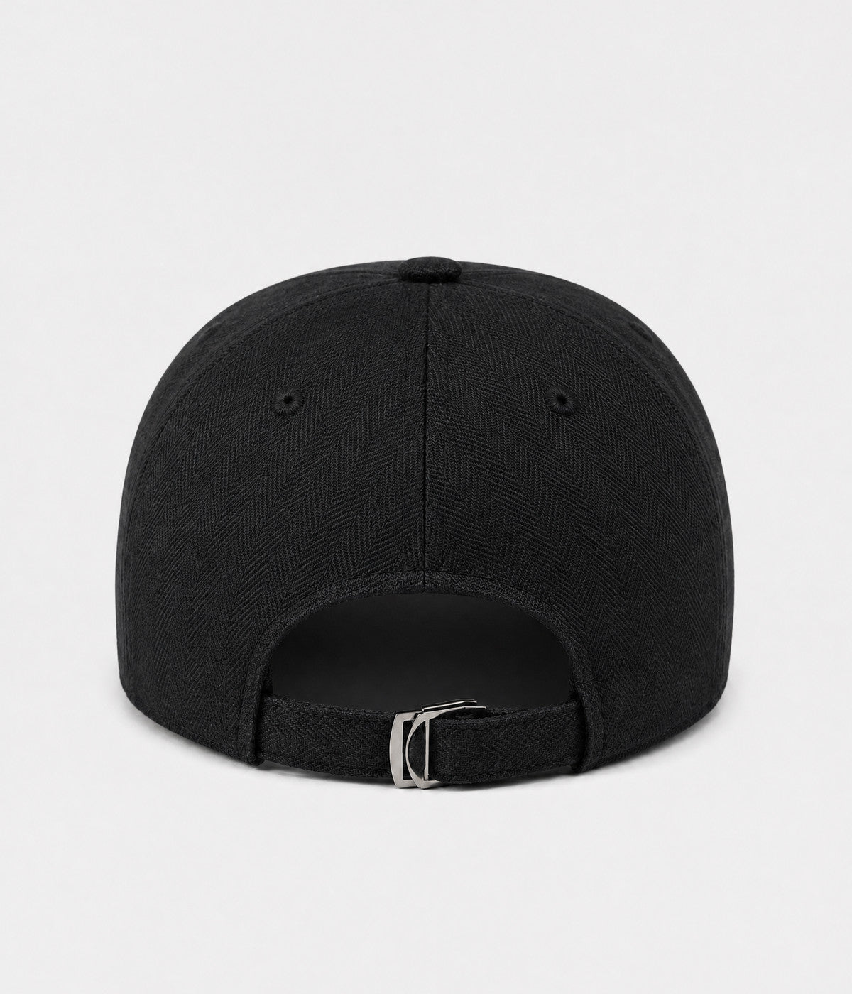 HERRINGBONE LINEN CAP. herringbone linen cap in black, back view