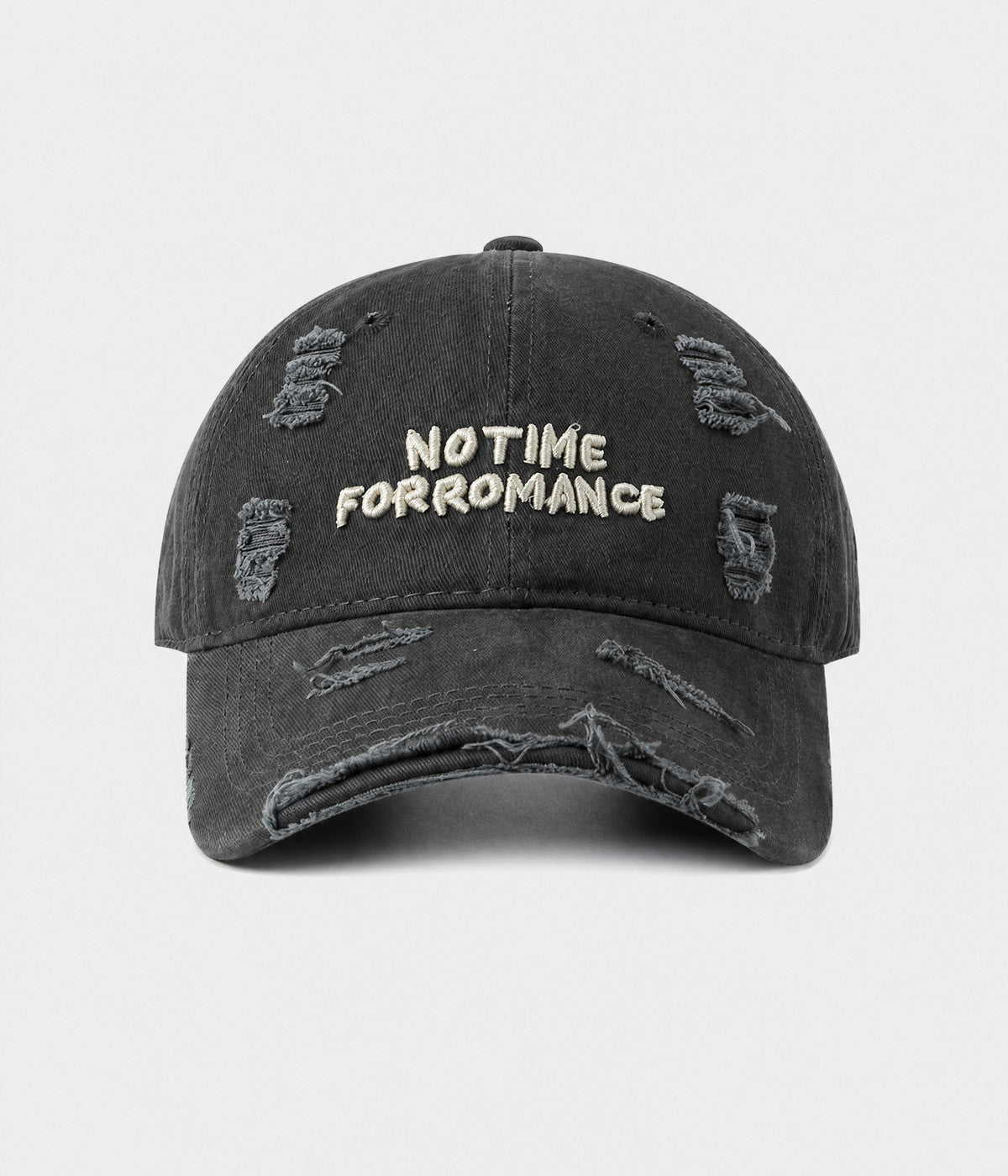 NO TIME FOR ROMANCE. washed cotton cap in DARK GRAY, front view