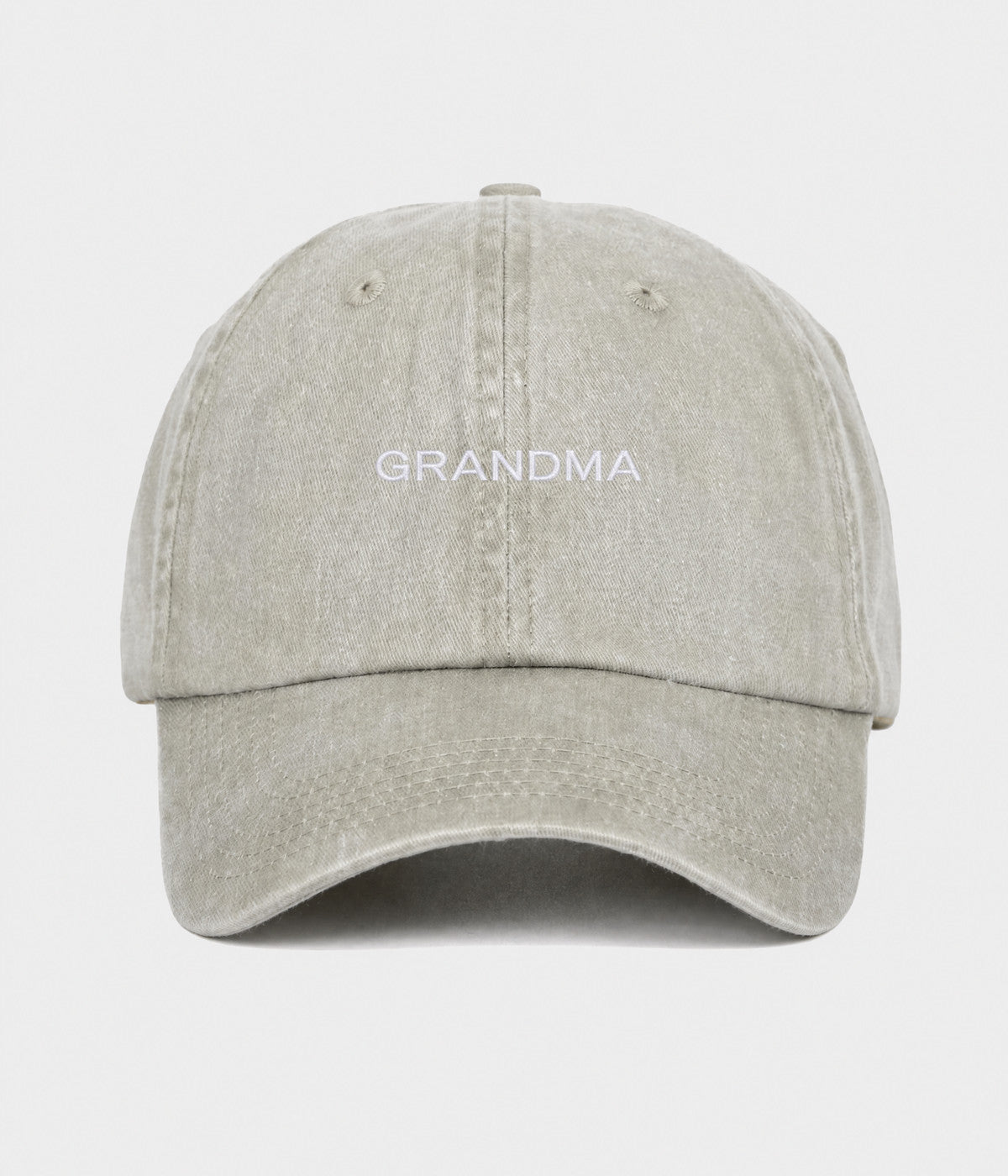 WASHED GRANDMA. washed cotton dad cap in GRAYISH SHEEN, front view