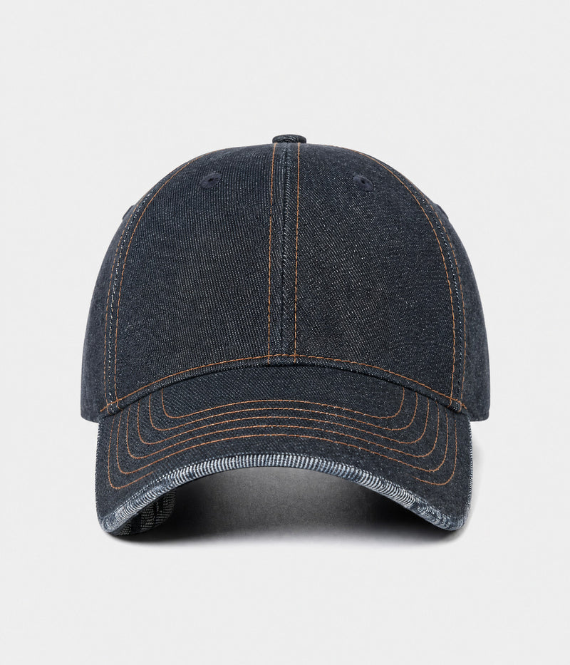 DENIM PLAID. washed denim cap in navy, front view
