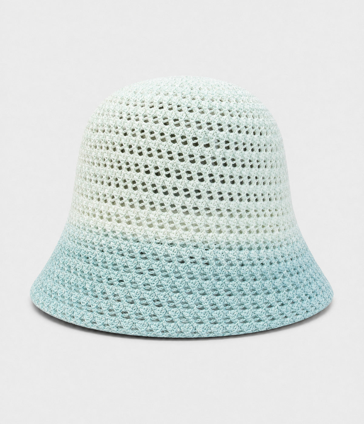CROCHET BUCKET. open crochet cloche bucket hat in light blue, front view
