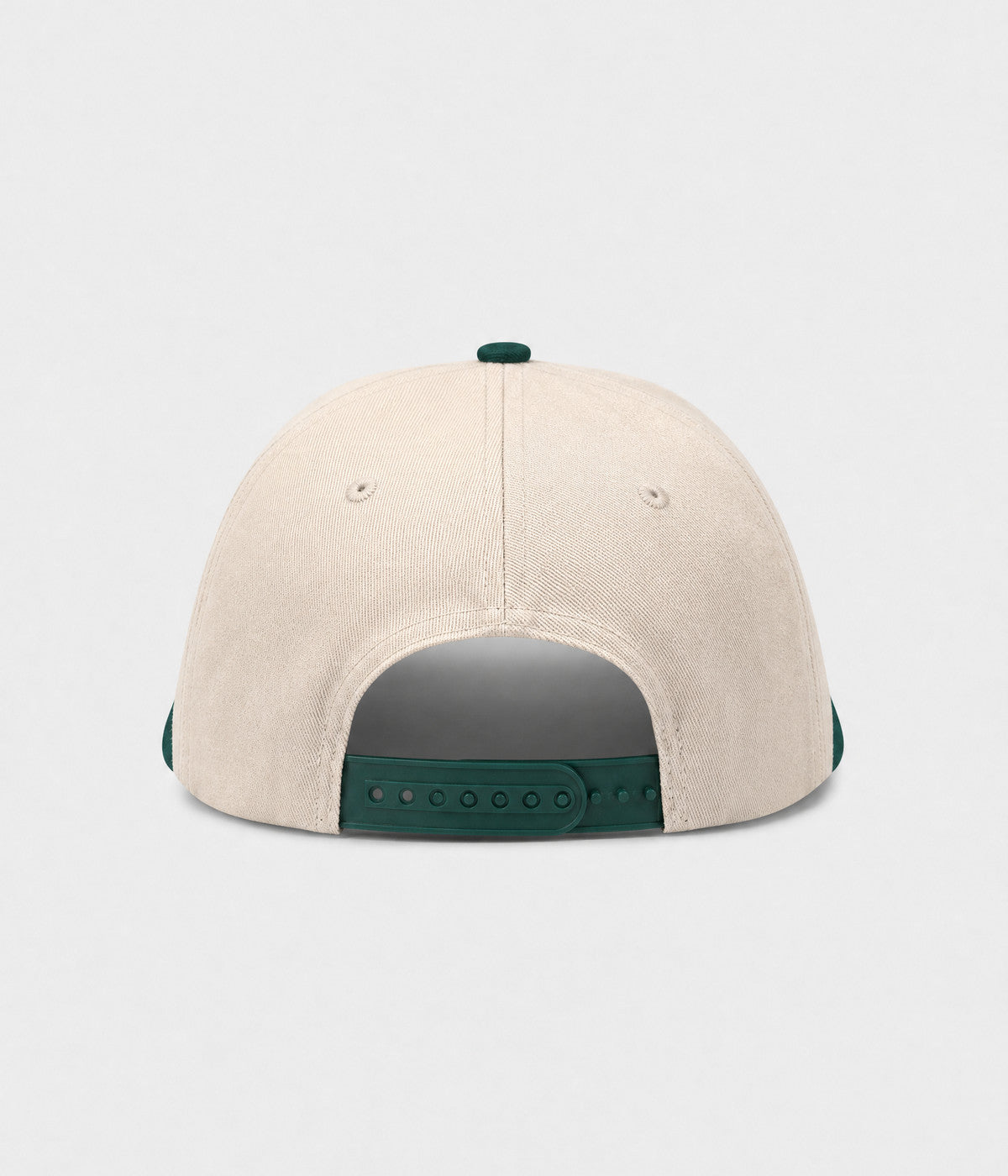 GOOD THINGS TAKE TIME SNAPBACK. cream cotton snapback with GREEN visor, back view