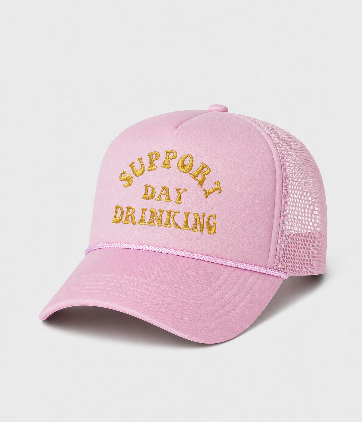SUPPORT DAY DRINKING TRUCKER. foam-front mesh trucker cap in PINK, side view