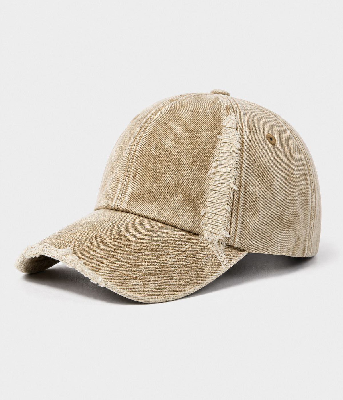 SNOW WASH DENIM. acid-washed denim cap in khaki, side view