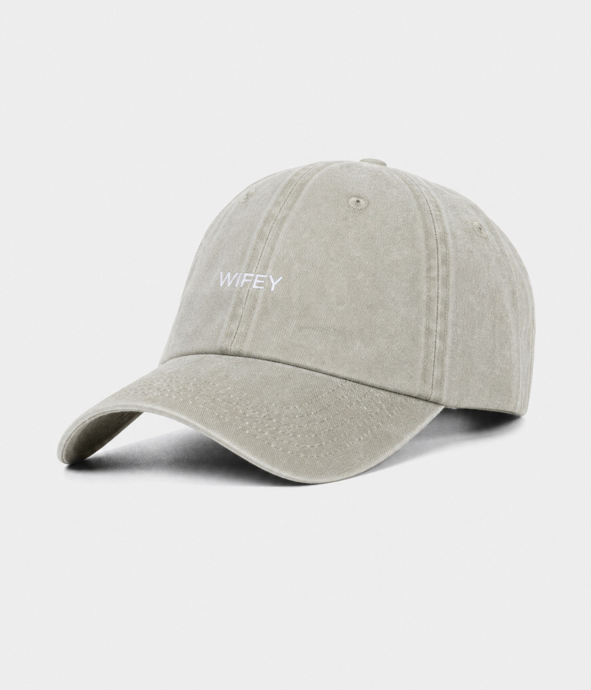 WASHED WIFEY. washed cotton dad cap in GRAYISH SHEEN, side view