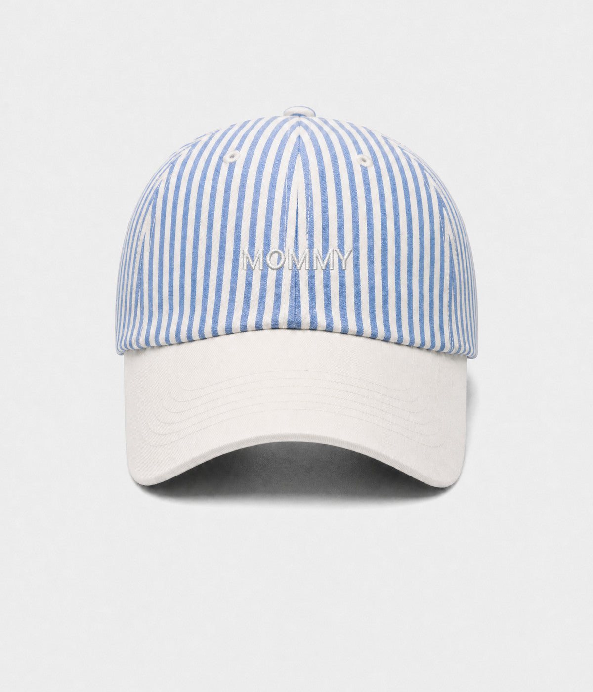 STRIPED MOMMY. striped cotton cap in blue, front view