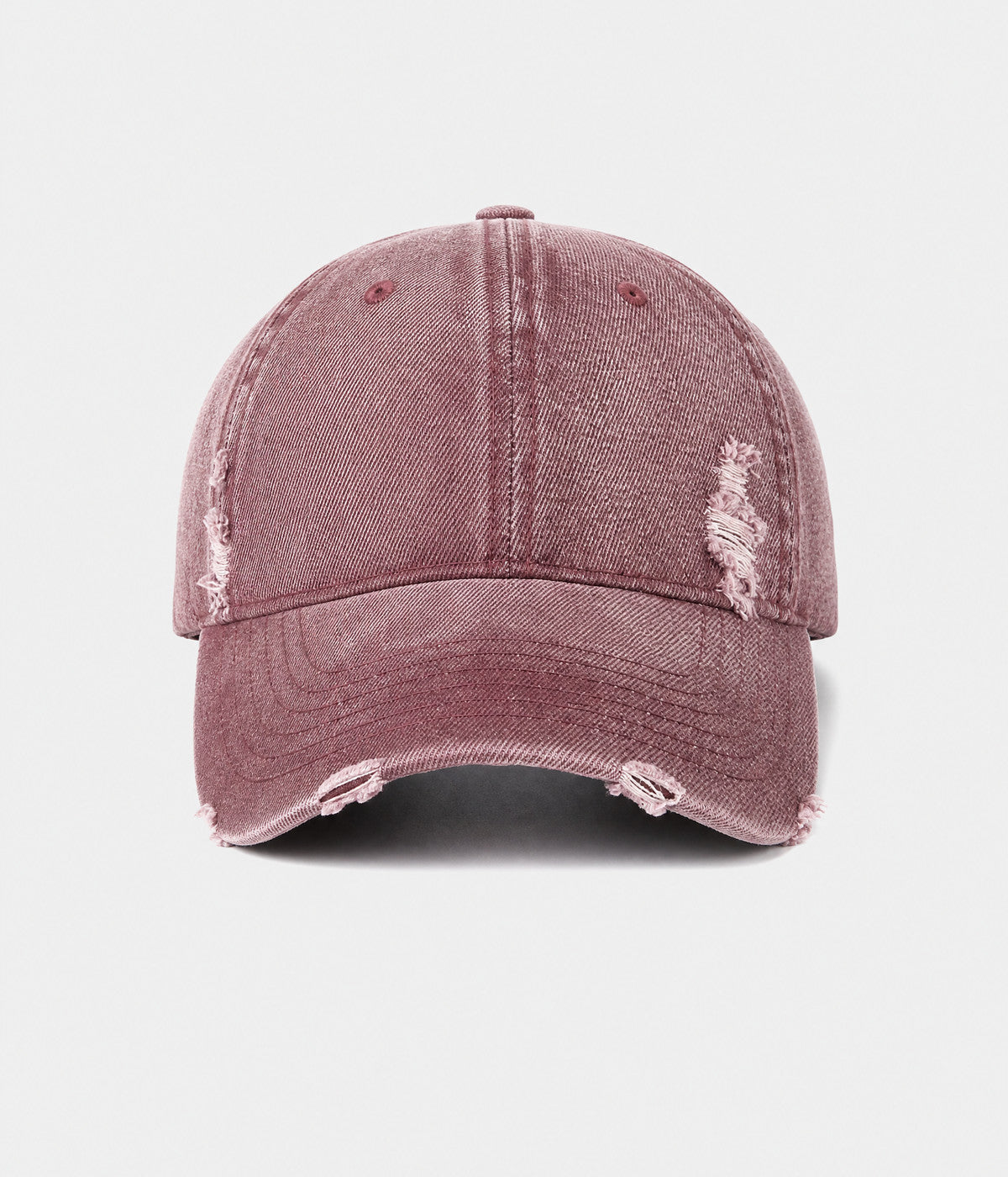 RIPPED DENIM. washed cotton denim cap in wine red, front view