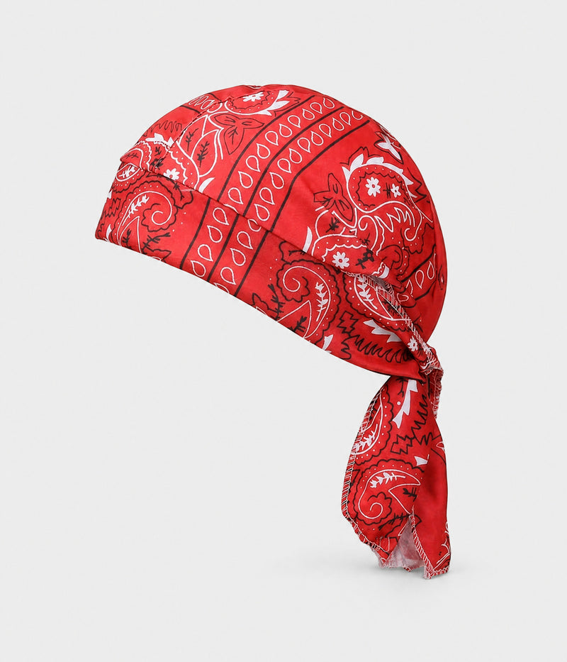 BANDANA CAP. pre-tied paisley bandana cap in red, front view