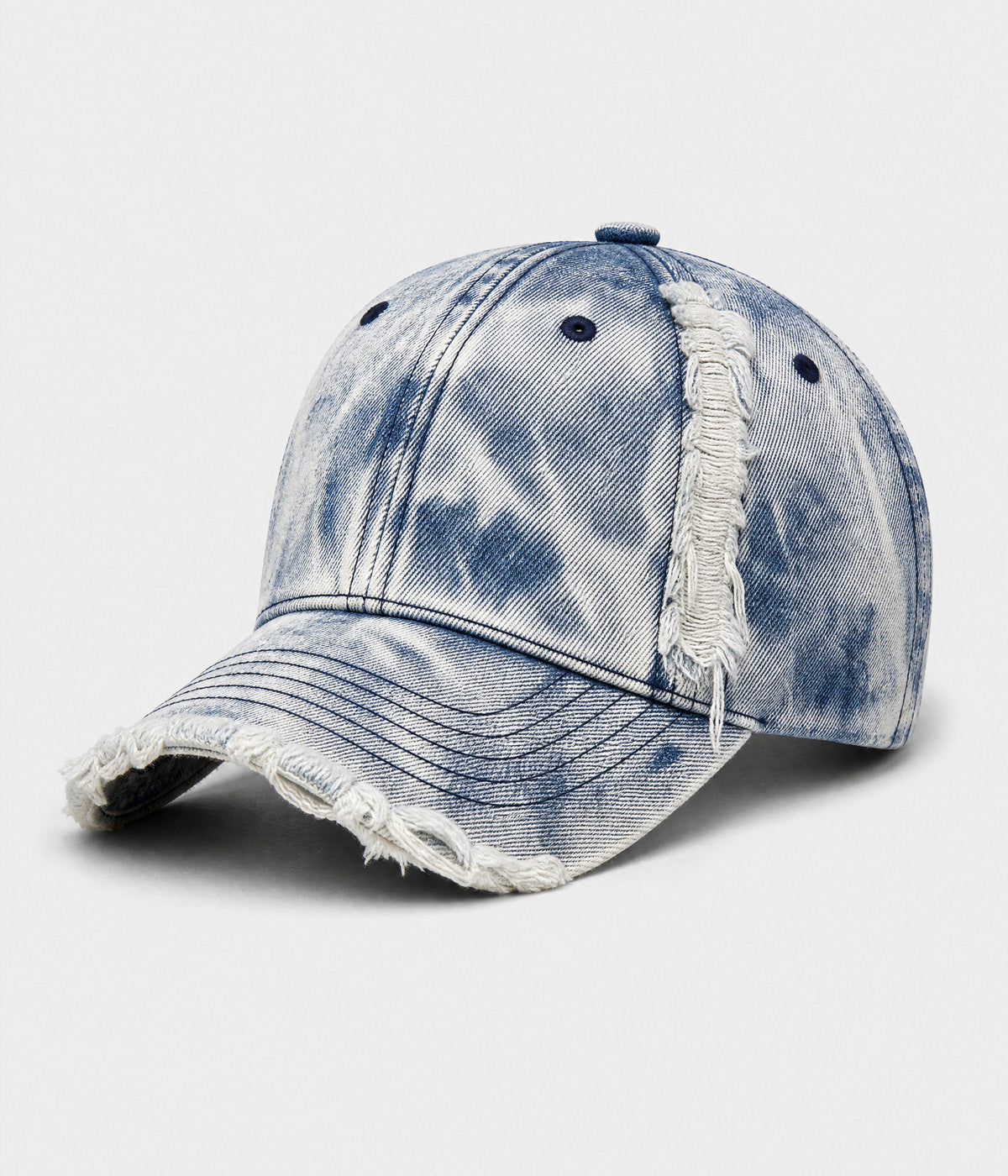 SNOW WASH DENIM. acid-washed denim cap in blue, side view