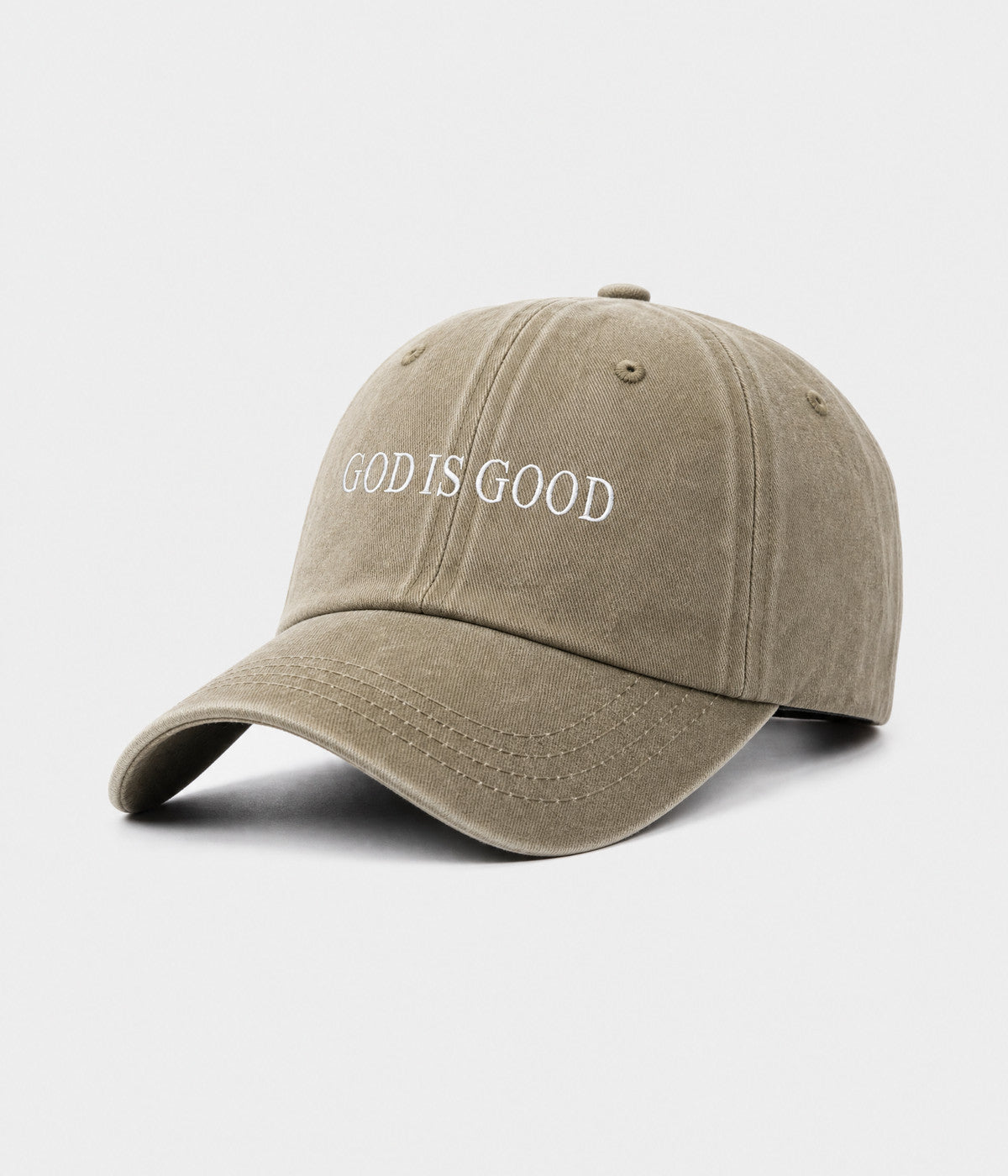 GOD IS GOOD. washed cotton cap in khaki, side view