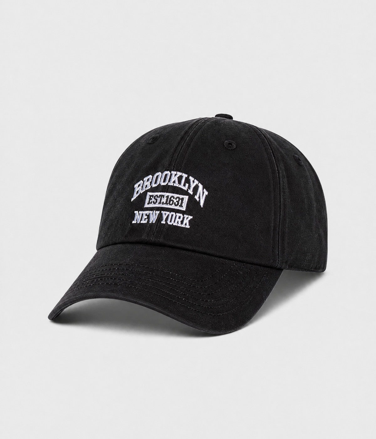 BROOKLYN NY. washed cotton dad cap in black, side view