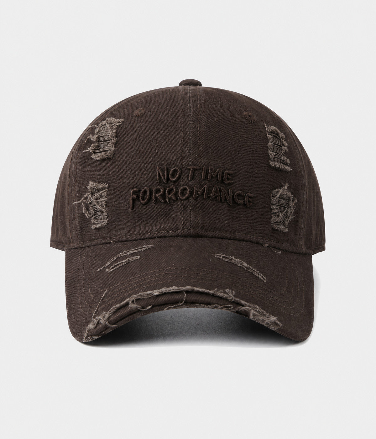 NO TIME FOR ROMANCE. washed cotton cap in COFFEE, front view