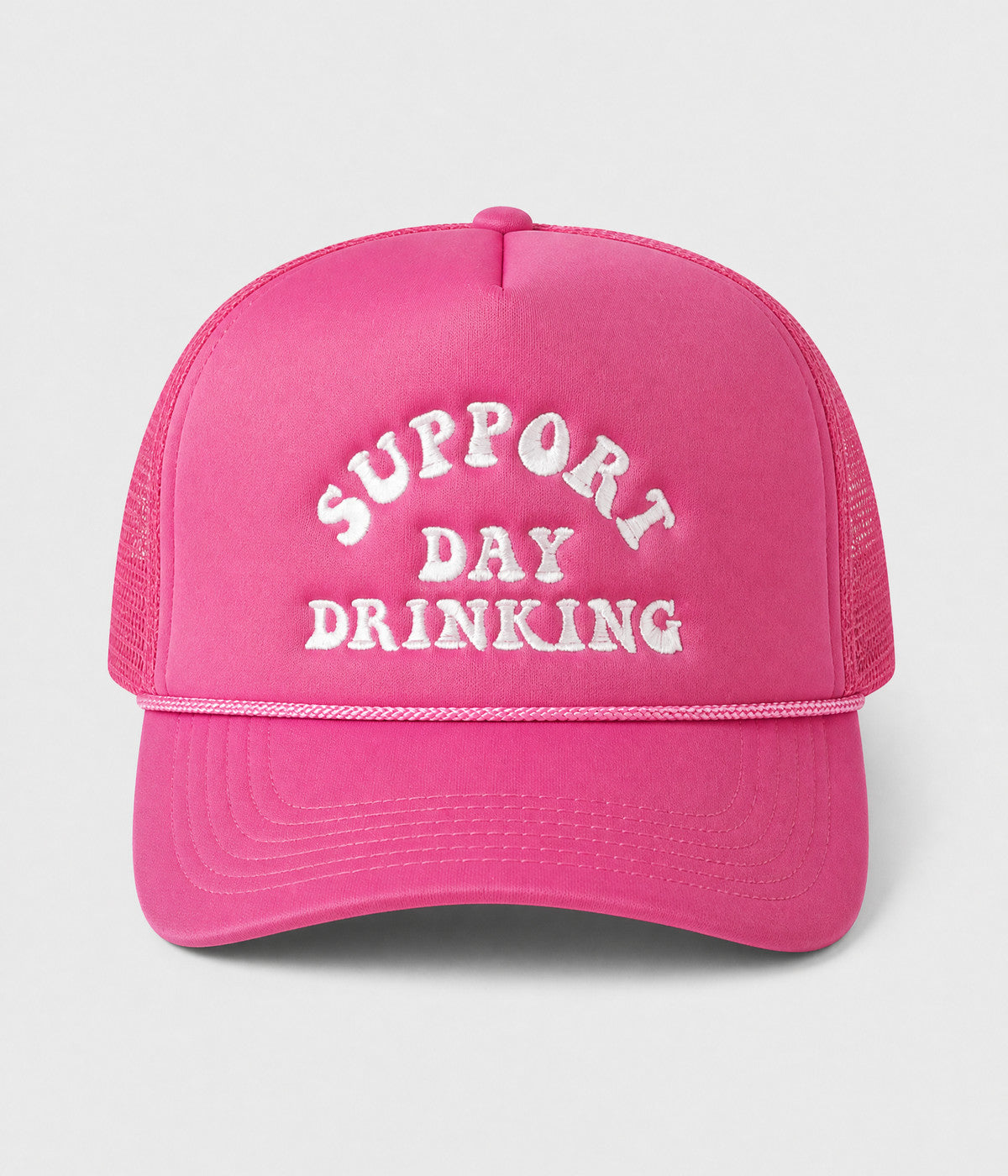 SUPPORT DAY DRINKING TRUCKER. foam-front mesh trucker cap in ROSE, front view