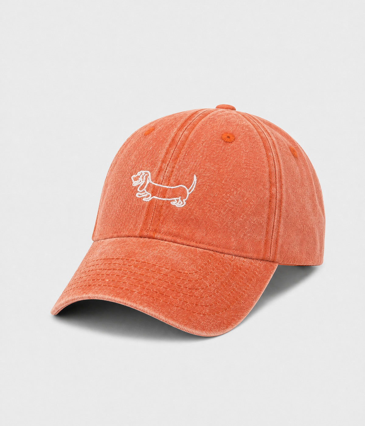 WASHED SAUSAGE DOG. washed cotton cap in ORANGE, side view