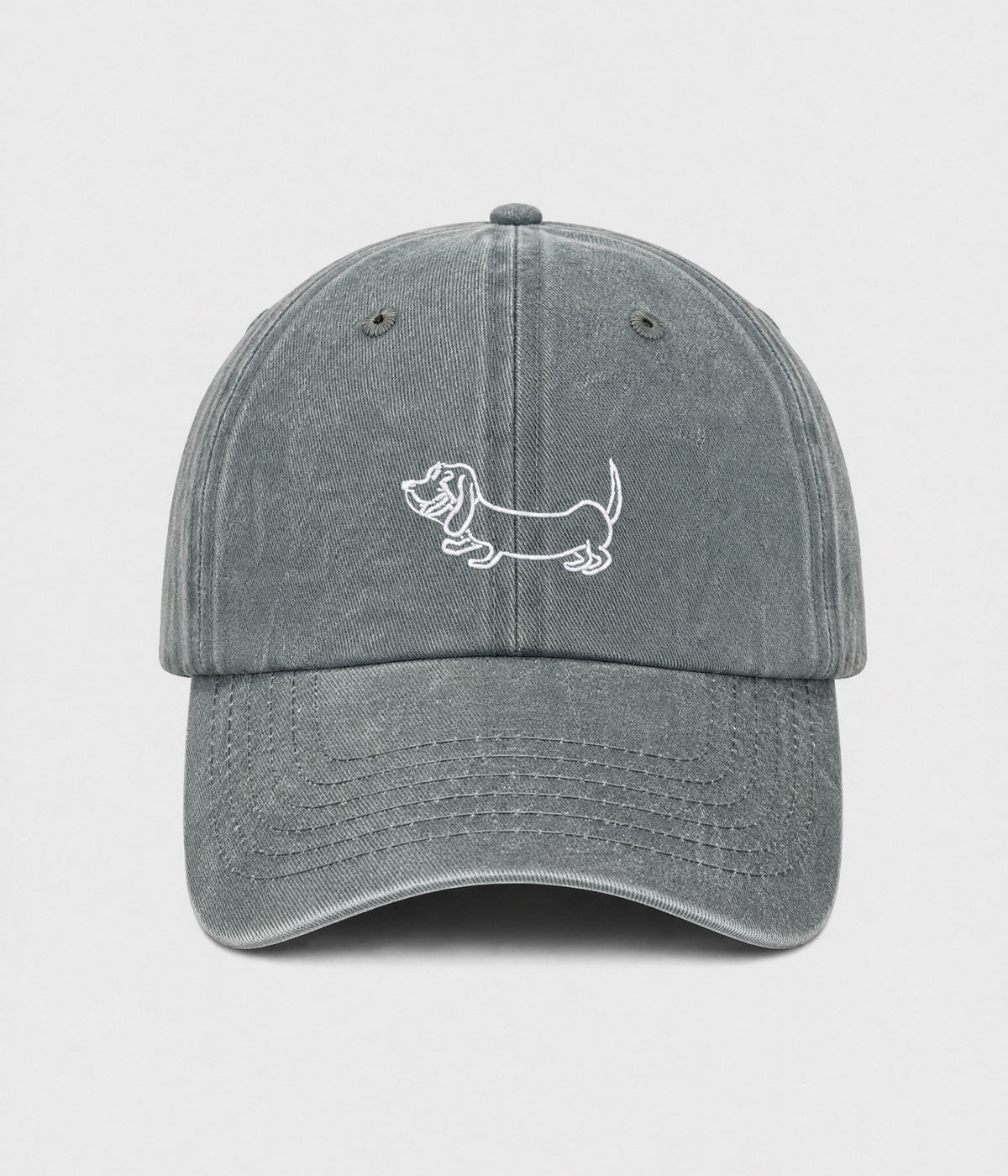 WASHED SAUSAGE DOG. washed cotton cap in GRAY, front view