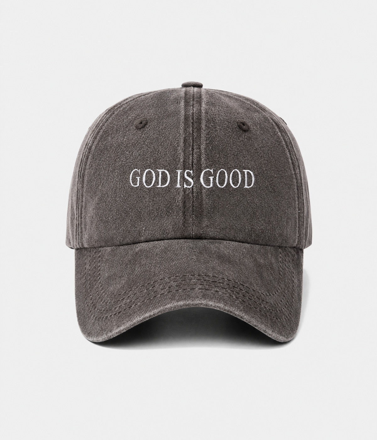 GOD IS GOOD. washed cotton cap in coffee, front view