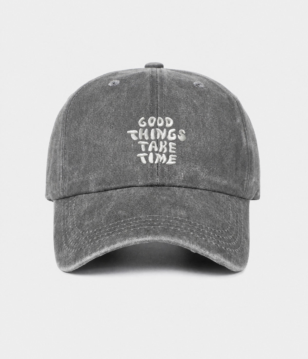 GOOD THINGS TAKE TIME. washed cotton dad cap in gray, front view