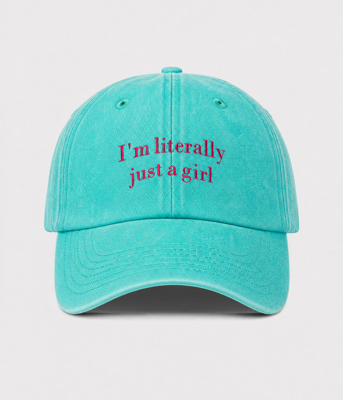 I'M LITERALLY JUST A GIRL. washed cotton cap in GREEN, front view