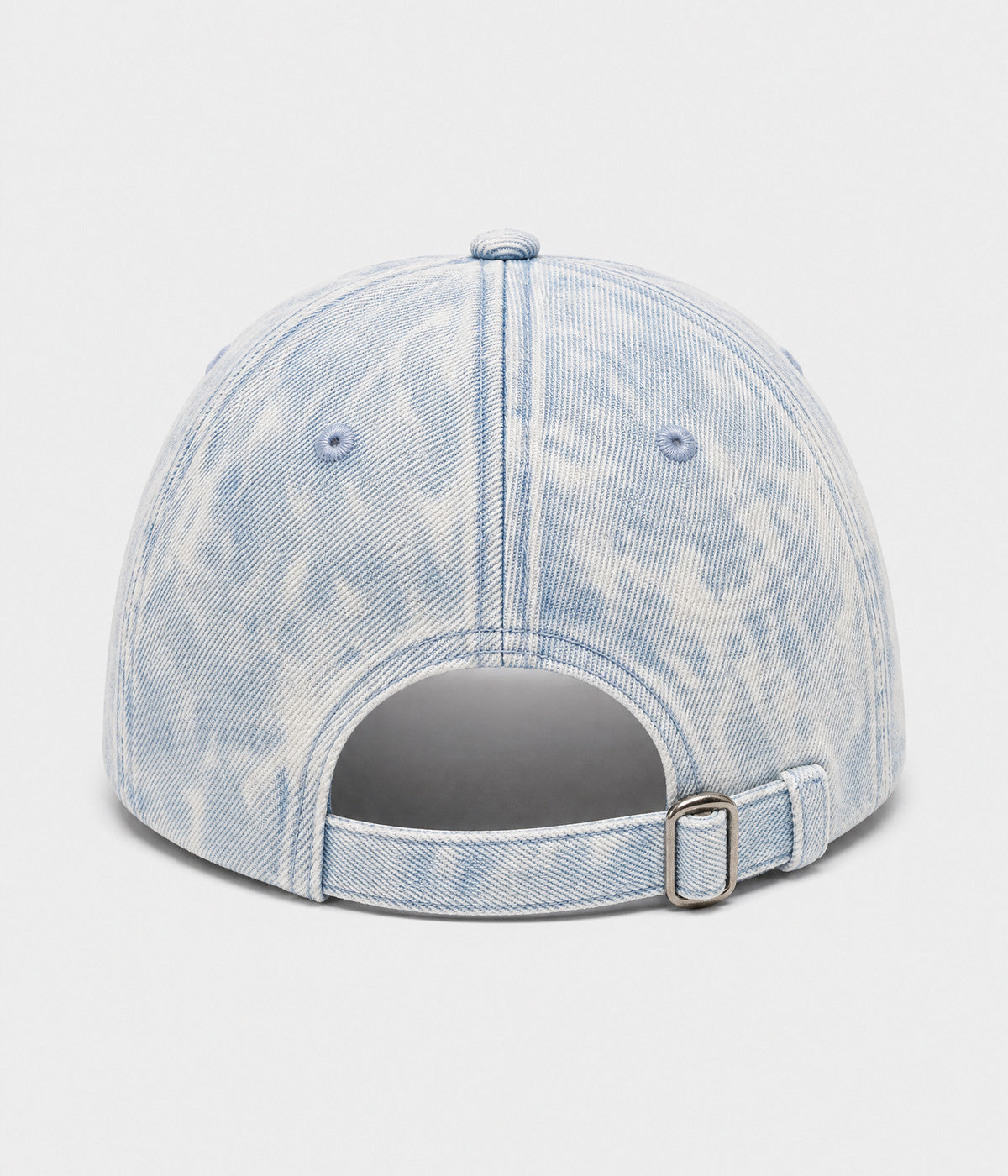 SNOW WASH DENIM. acid-washed denim cap in light blue, back view