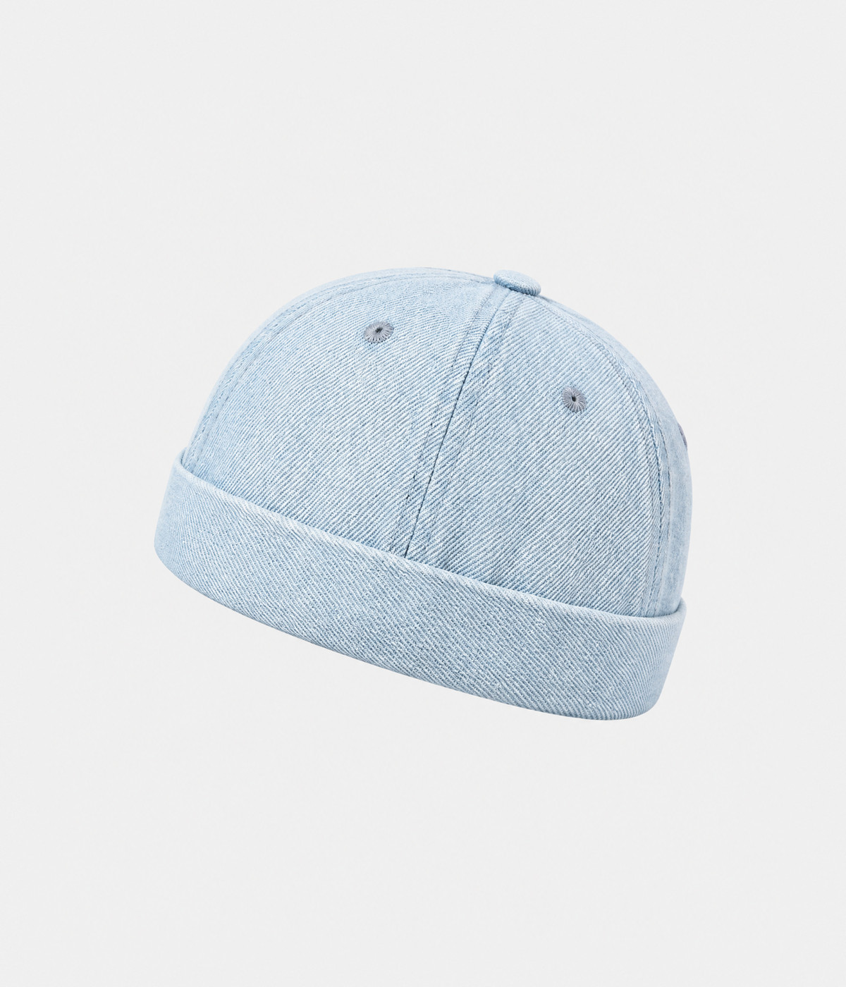 WASHED DENIM FISHERMAN BEANIE. light blue front