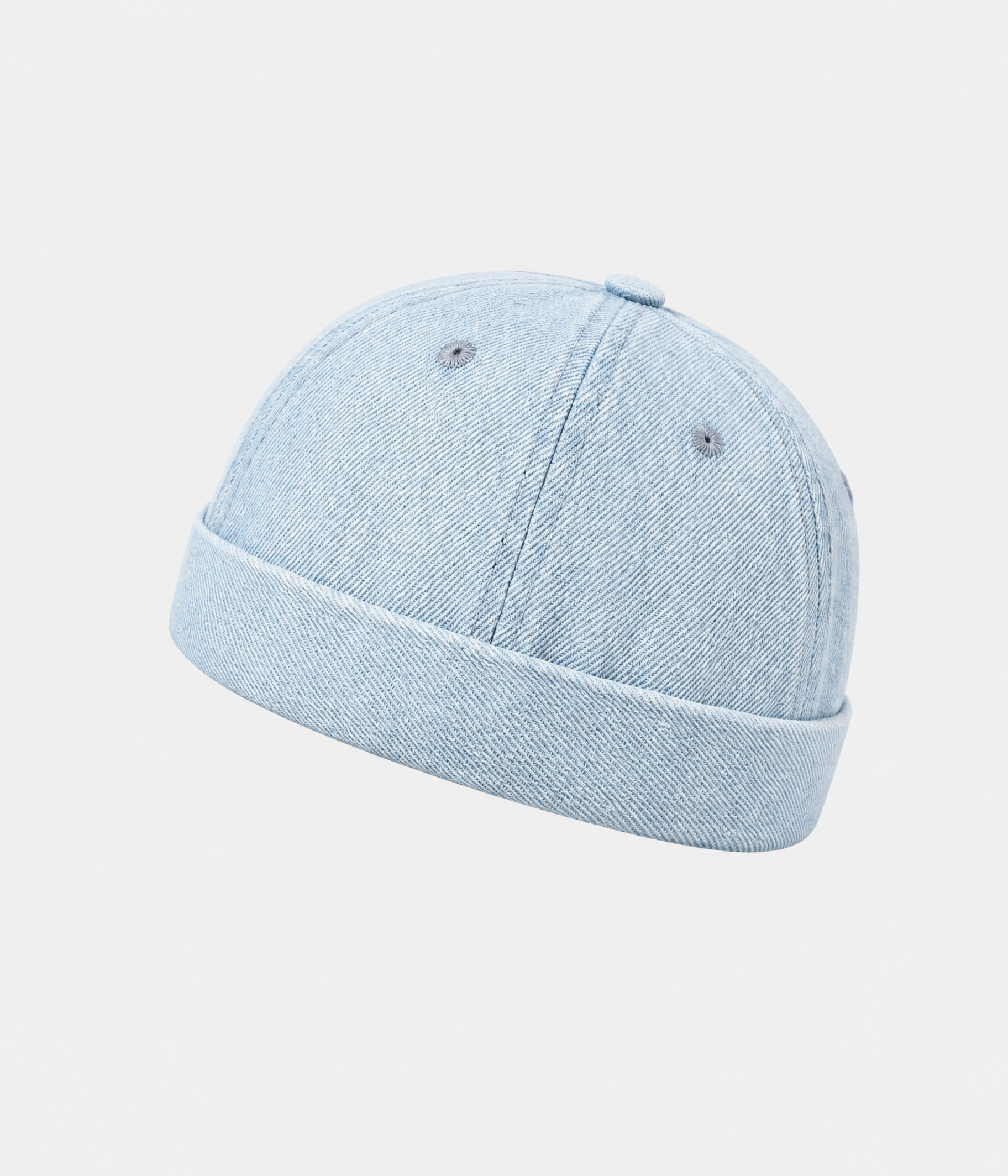 WASHED DENIM FISHERMAN BEANIE. light blue front