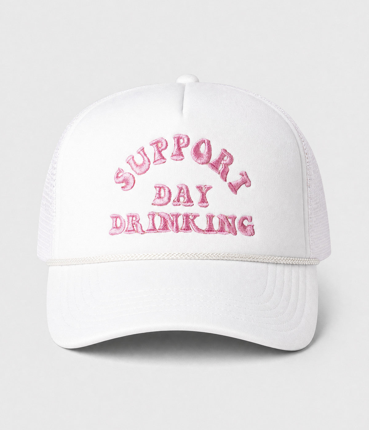 SUPPORT DAY DRINKING TRUCKER. foam-front mesh trucker cap in WHITE, front view