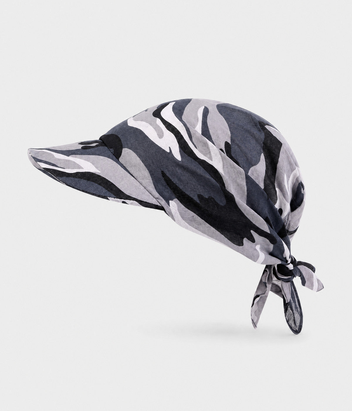 PEAKED BANDANA CAP. peaked bandana cap in grey urban camo, front view