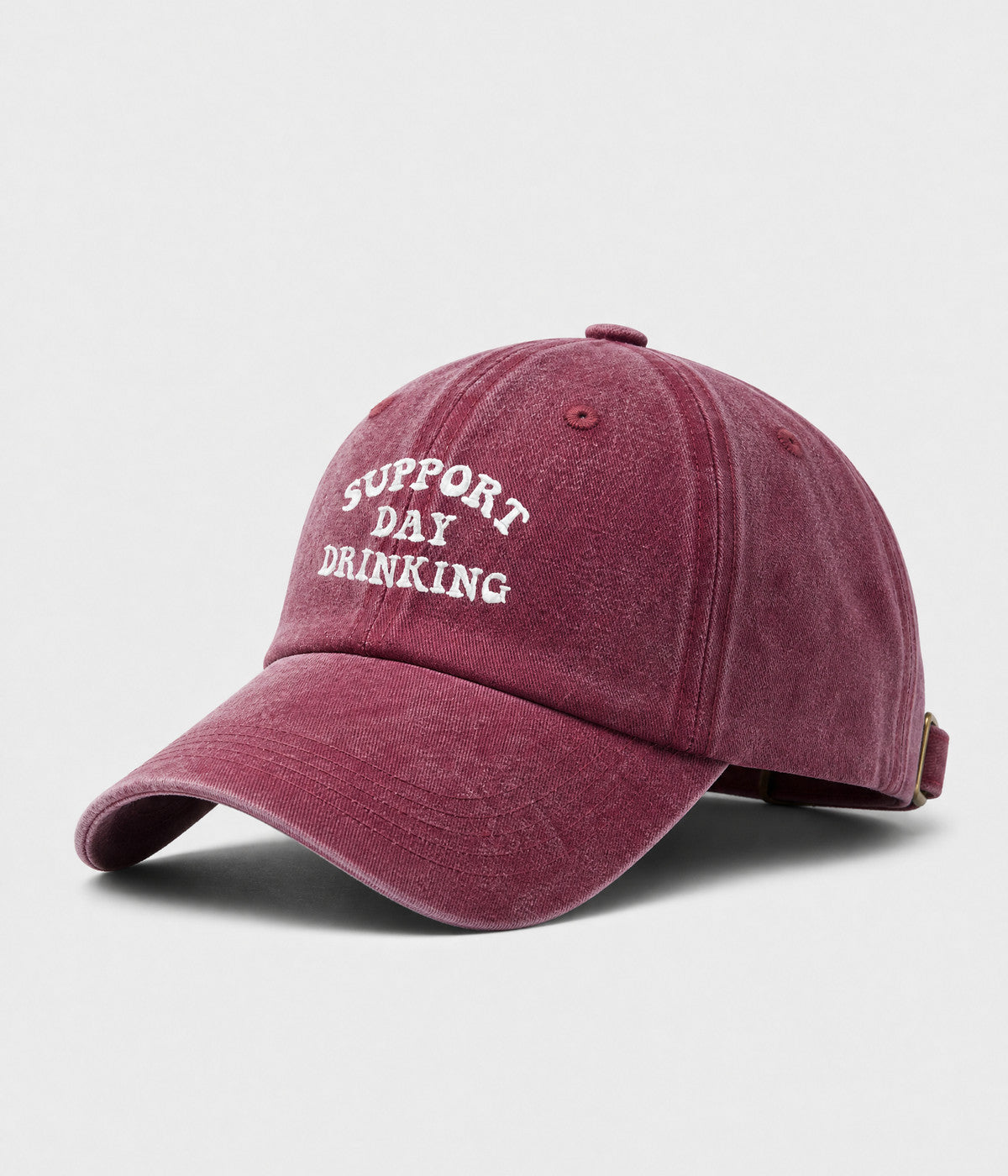 SUPPORT DAY DRINKING. washed cotton cap in RED, side view