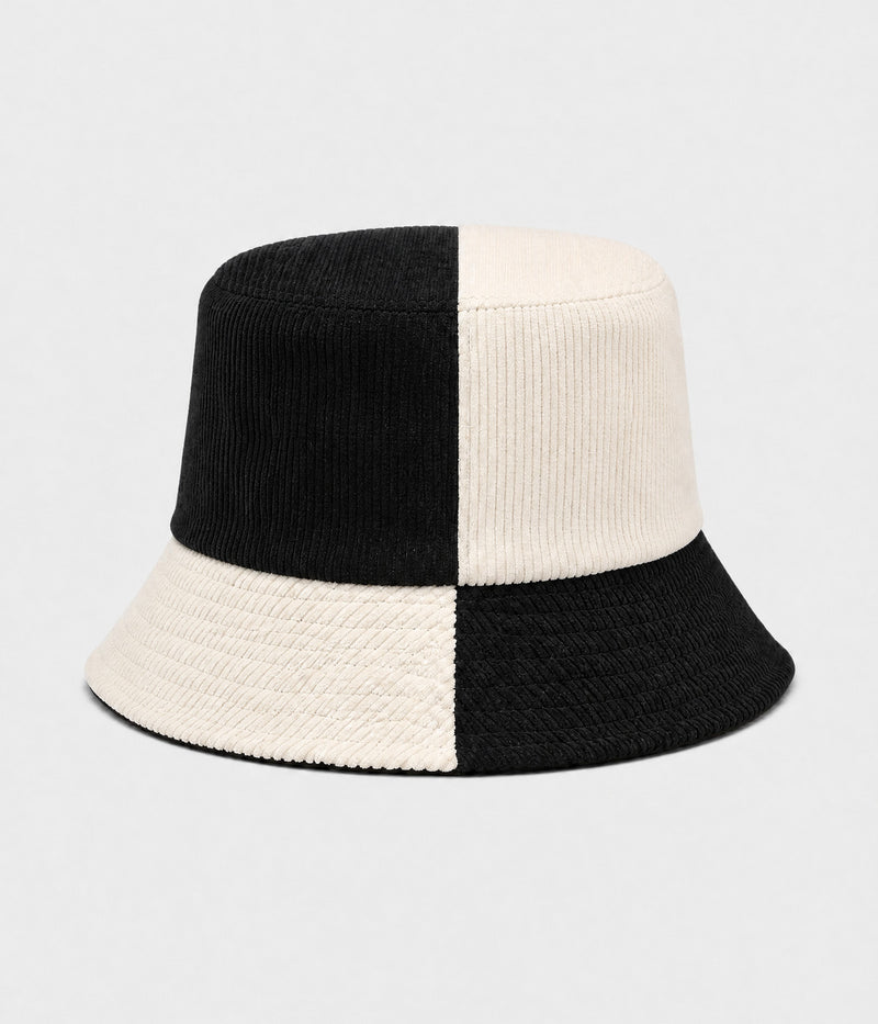 PATCHWORK BUCKET. corduroy bucket hat in BLACK BEIGE, front view