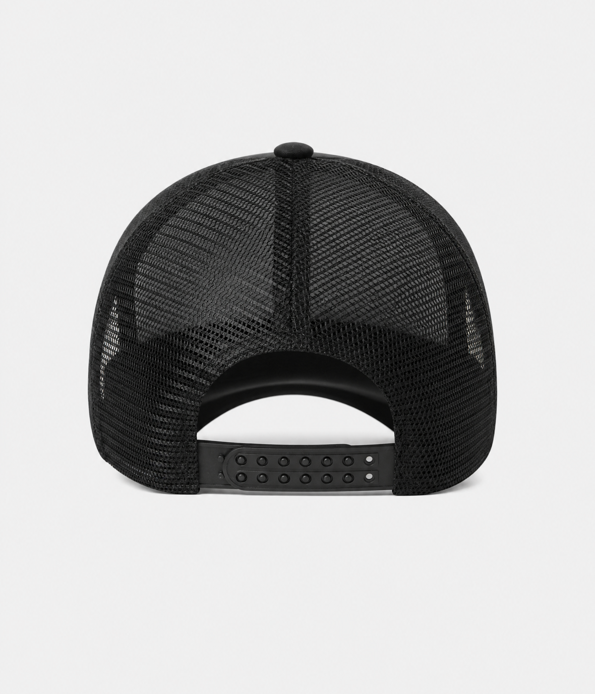 STAR TRUCKER. cotton-polyester trucker cap in all black, back view