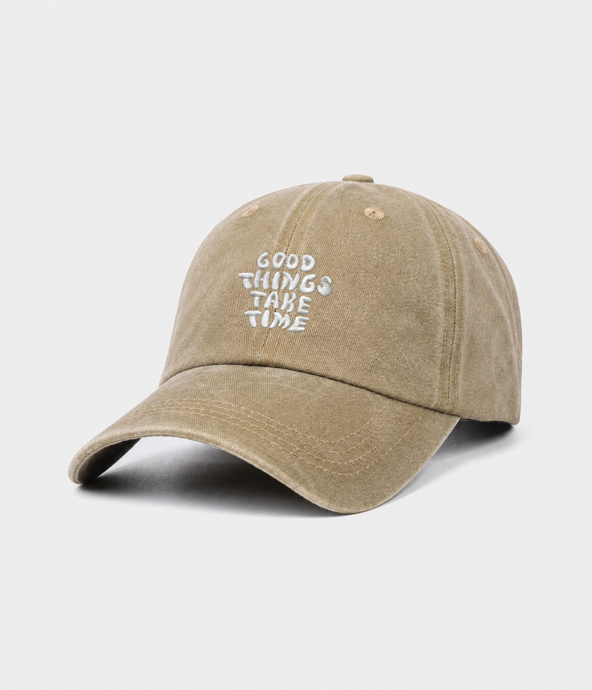 GOOD THINGS TAKE TIME. washed cotton dad cap in khaki, side view