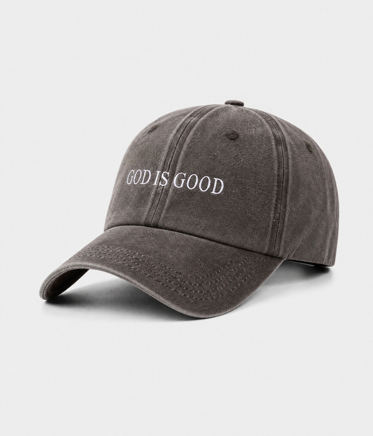 GOD IS GOOD. washed cotton cap in coffee, side view