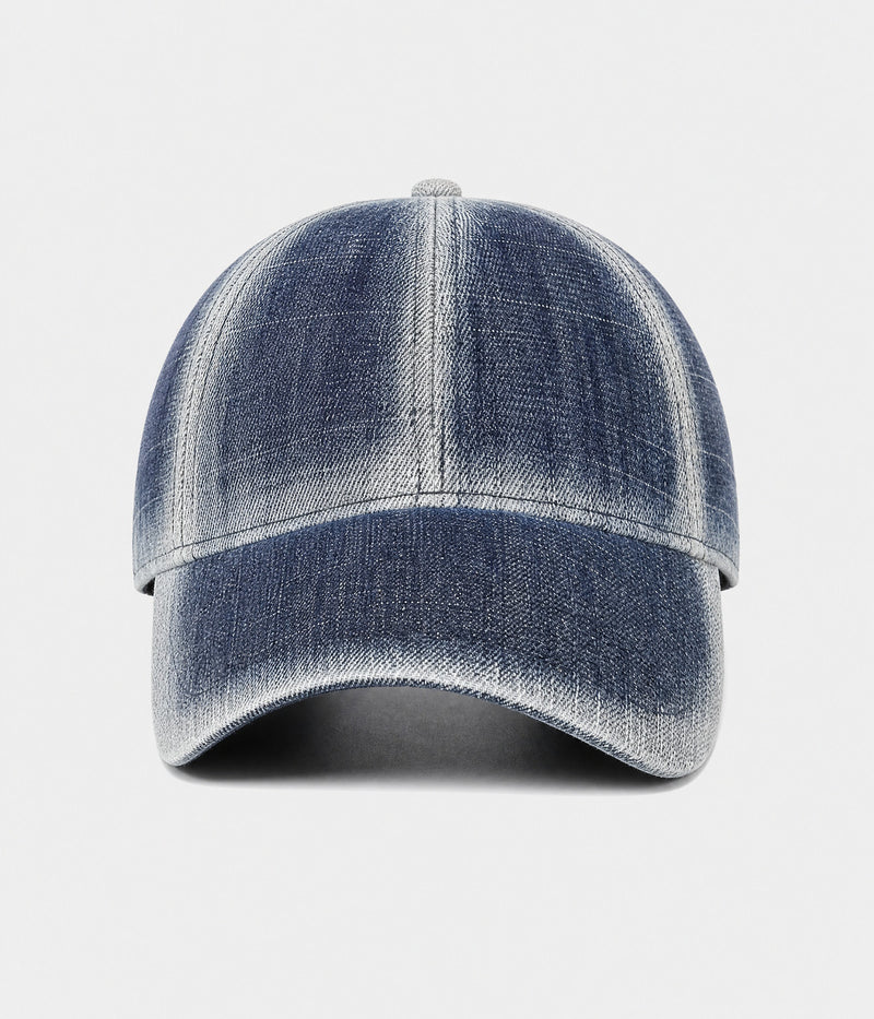 DENIM FADE. washed cotton cap in dark blue, front view