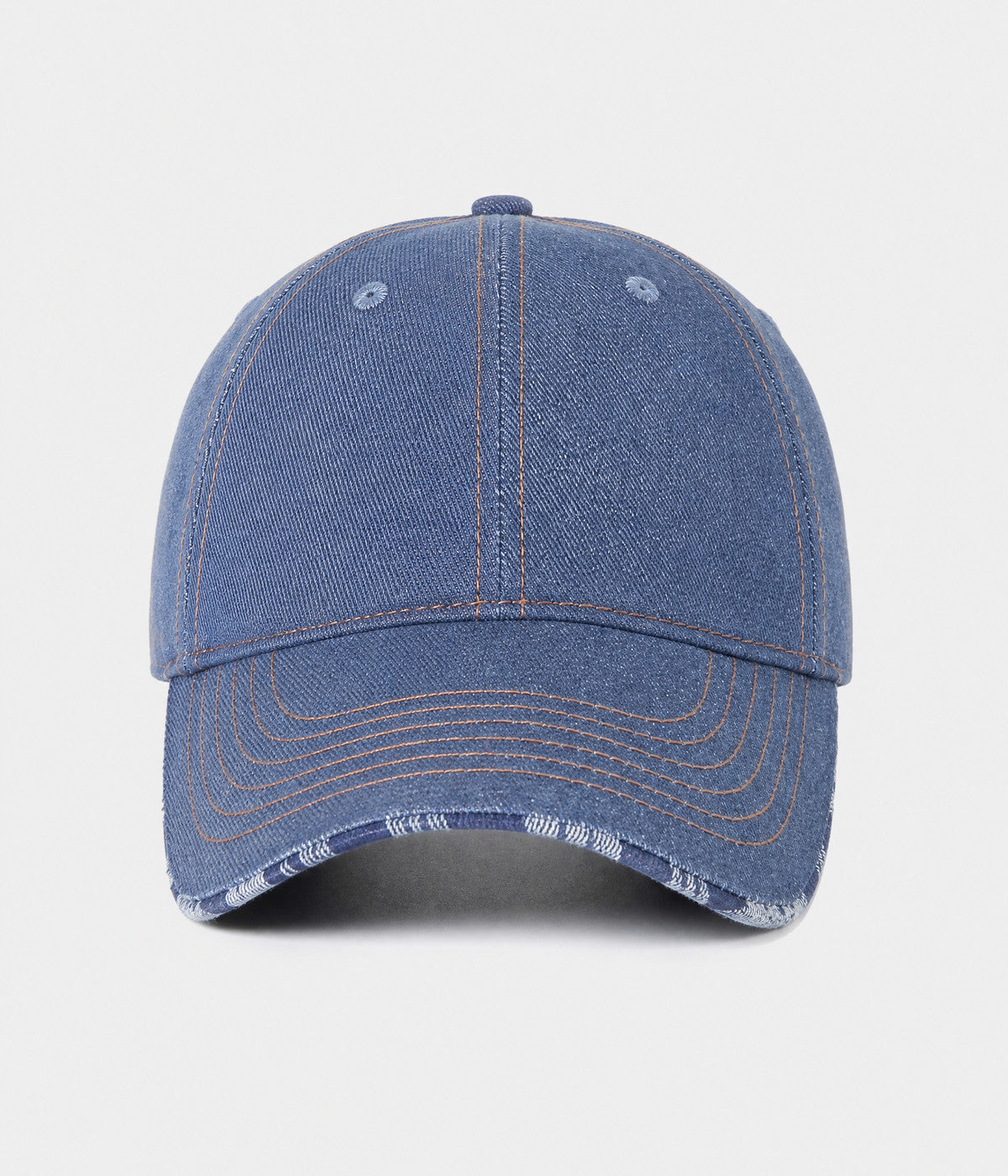 DENIM PLAID. washed denim cap in blue, front view